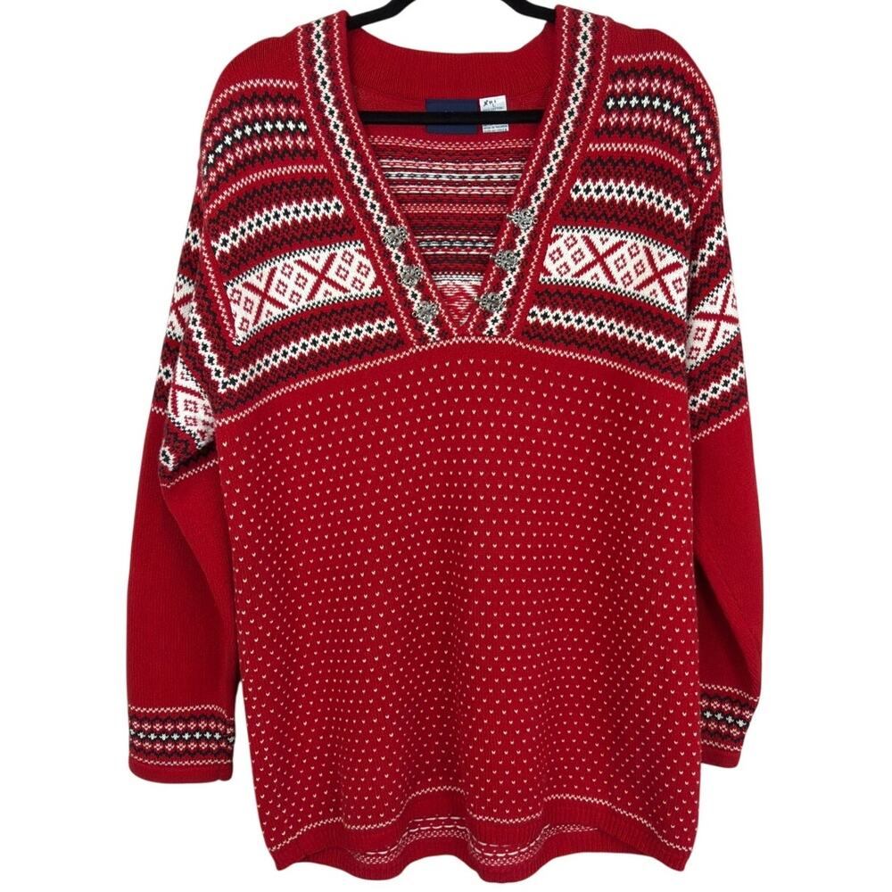 Liz Claiborne Red Black and White knit Cotton Sweater Made in Thailand Size L